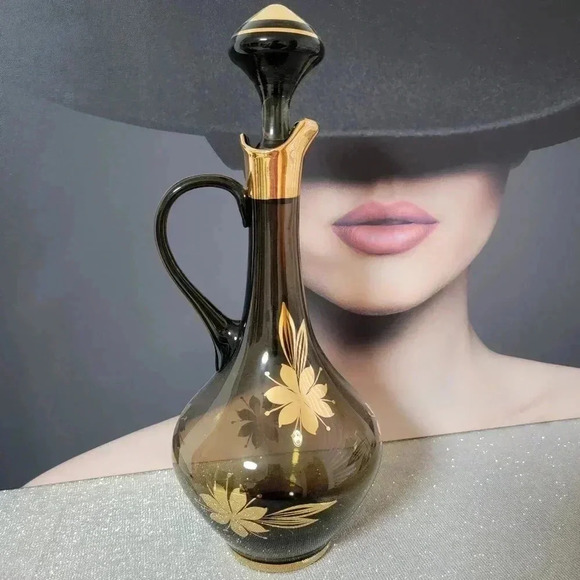Mid Century Modern Romanian Smoke Glass Decanter with Gold Details - Picture 1 of 3
